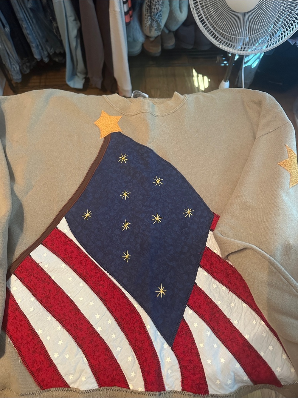 Jerzees Women's Crewneck Sweater - Beige with Red, White & Blue Flag Appliqué